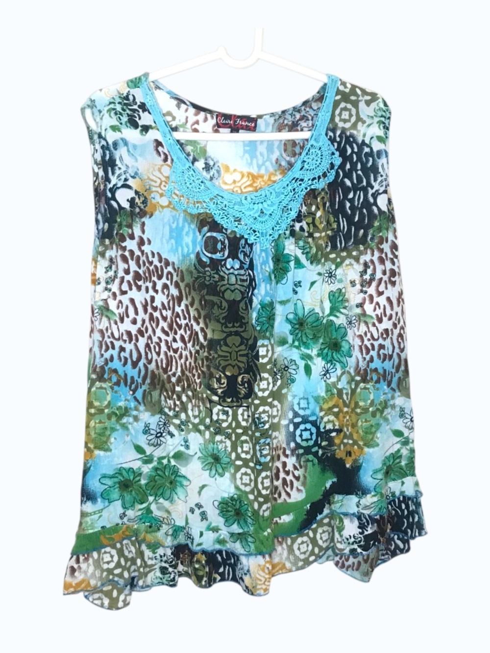 Claire France Floral Boho Blouse 2X Crochet Neck Mixed Print Flowy Top